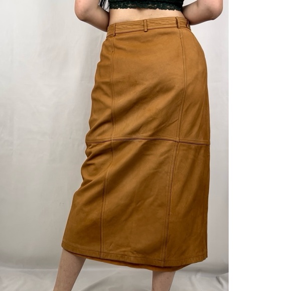 Vintage Together Tan Brown Genuine Leather Pencil Skirt - Picture 4 of 8